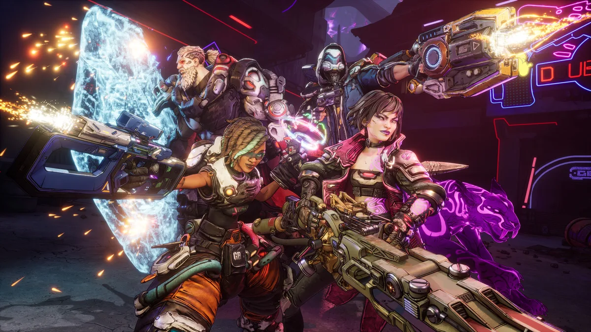 In-game screenshot of Borderlands 4 showing a Vault Hunter in combat