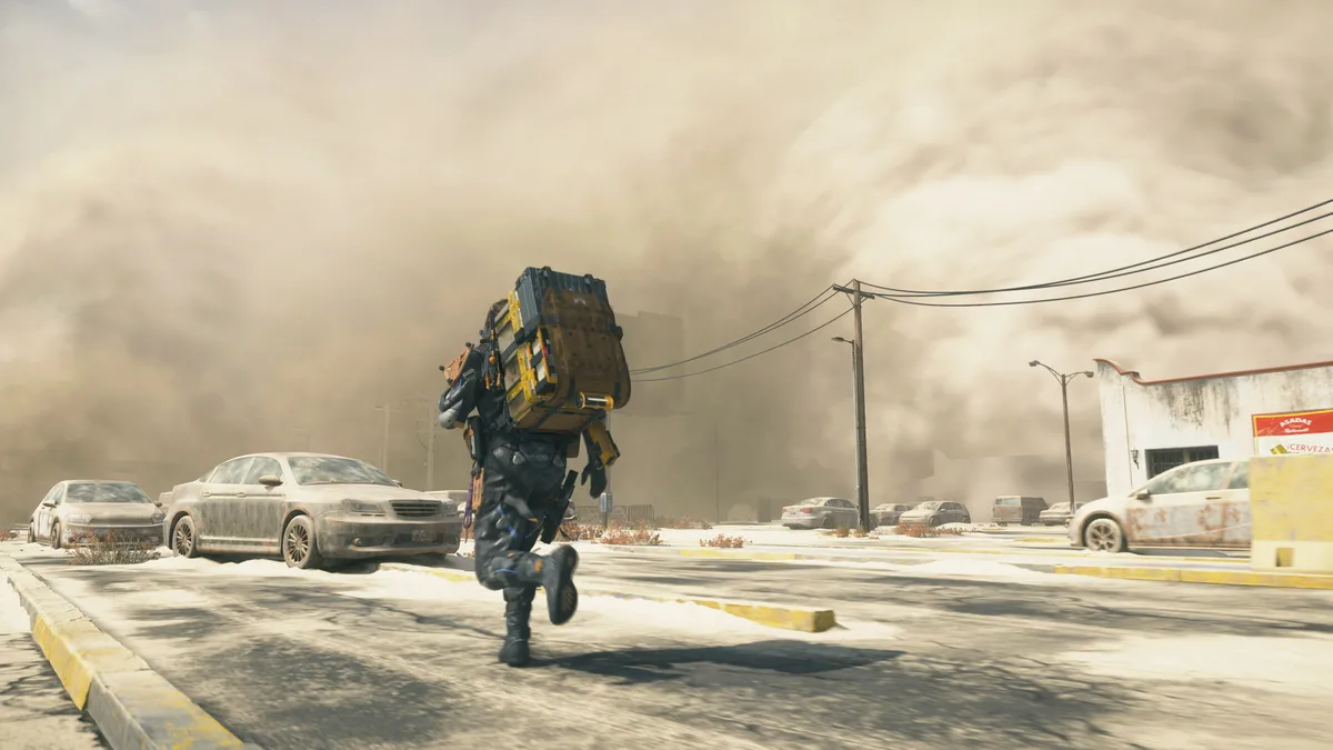 In-game screenshot of Death Stranding 2: On the Beach showing a character in the game world