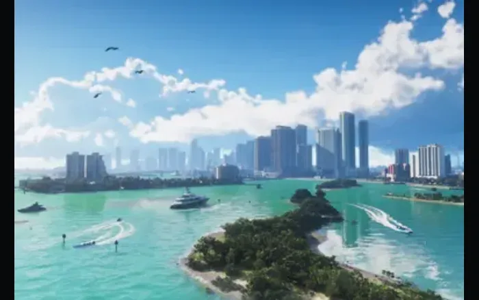In-game screenshot of Grand Theft Auto VI showing the Vice City skyline