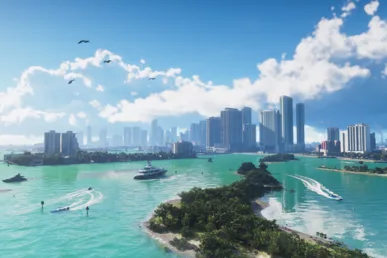 In-game screenshot of Grand Theft Auto VI showing the Vice City skyline