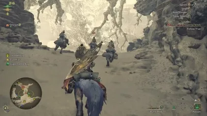 In-game screenshot of Monster Hunter Wilds showing exploration on a Seikret mount